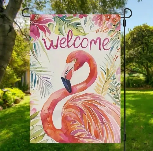 Garden flag, spring flamingo, 12” x 18”, thick burlap polyester double-sided VVL YYX EEZ