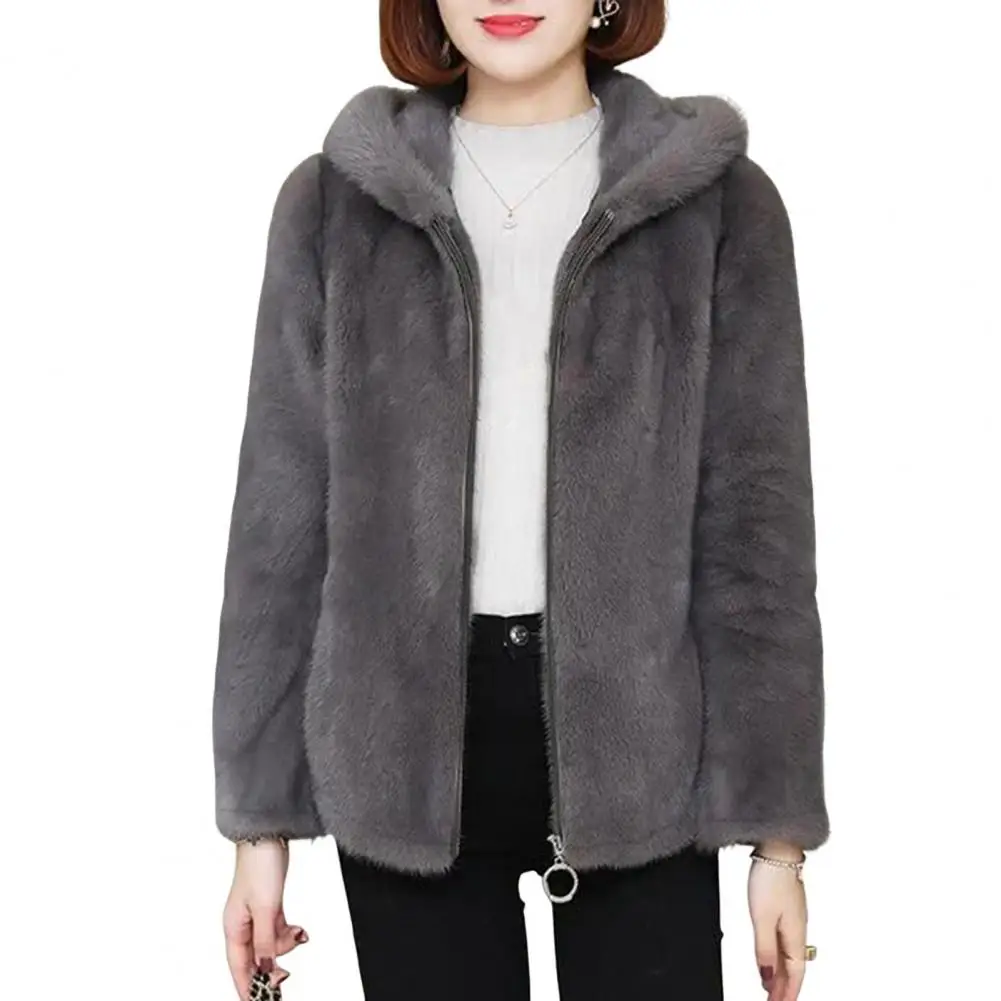 

Hooded Coat Cozy Plush Hooded Winter Coat for Women with Double-sided Thick Material Long Sleeves Zipper Closure Stylish