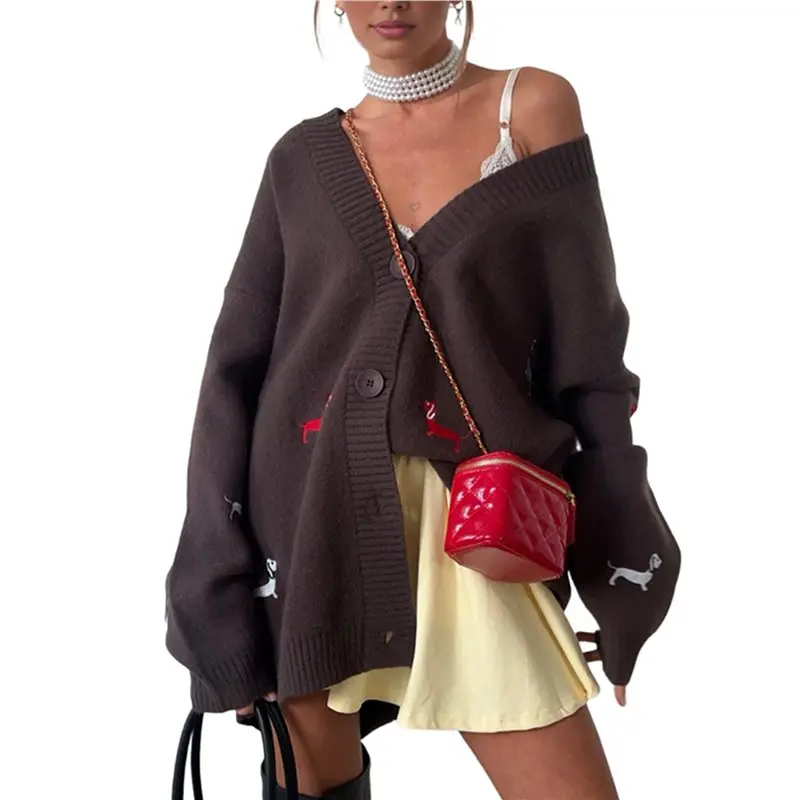 AT05-Women's Fall Graphic التطريز زر أسفل سترة الخامس الرقبة دافئ مضحك سترة متماسكة سترة معطف #1