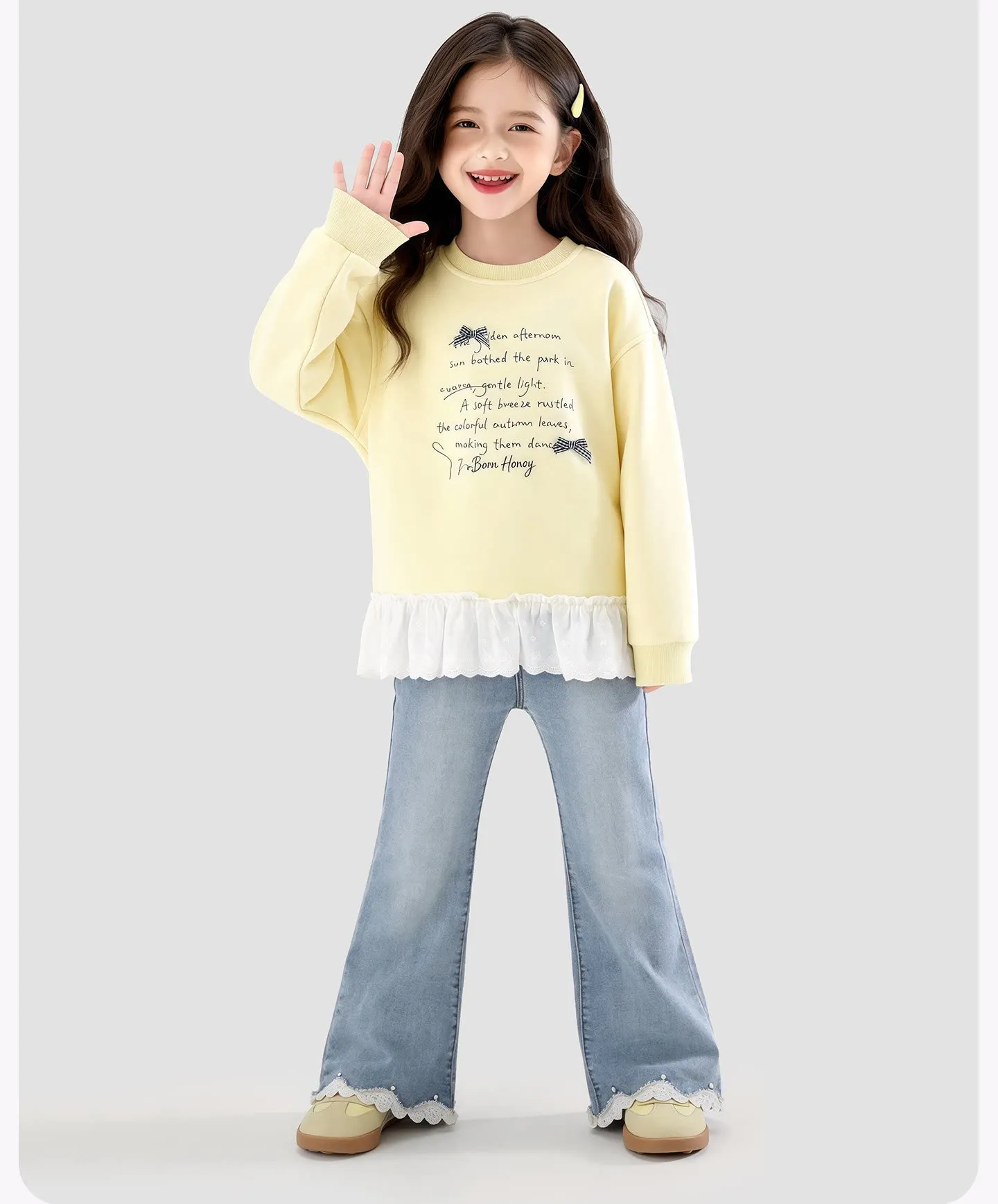 Sweet Bow Knot Letter Girls Sweatshirt Cute 2026 Spring Autumn New Stylish Lace Print Loose Top Trendy