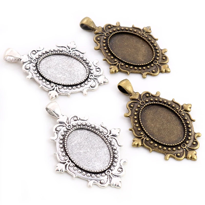 

5pcs 18x25mm Inner Size Antique Silver Plated Bronze Flowers Style Cameo Cabochon Base Setting Pendant necklace findings