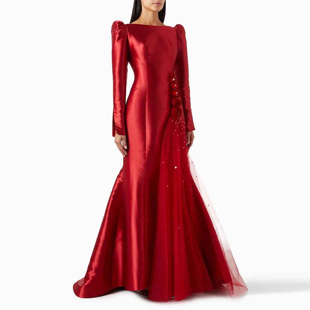 

Mermaid Prom Dress O Neck Women's Evening Dress Long Sleeves Formal Wedding Party Dress Floor Length With Flowers Saudi Gown