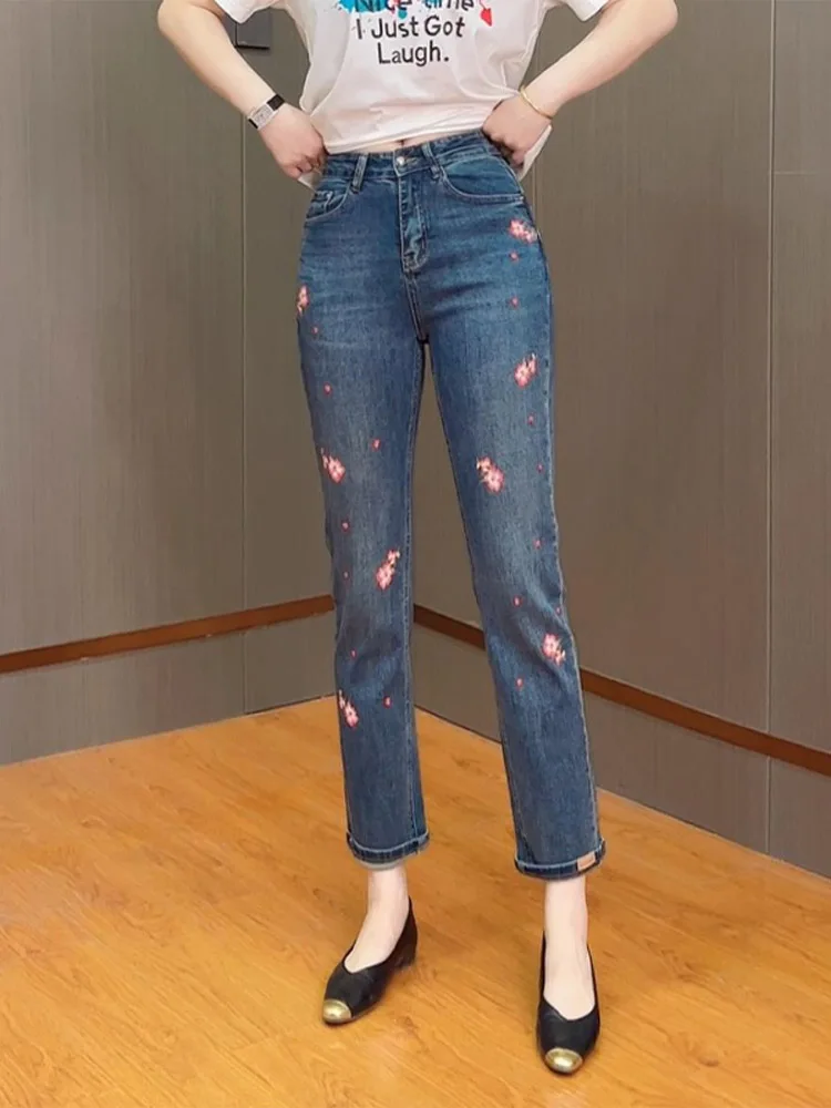 Hohe Taille, hohe Elastizität, Blumendruck, schmale Passform, gerades Bein, vielseitige Neun-Punkt-E-Tube-Hose, Sommer, Neuankömmling