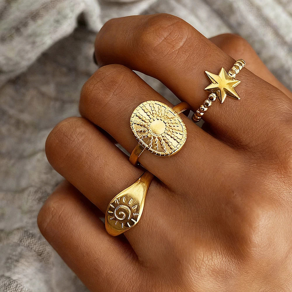 Stainless Steel Sun And Star Geometric Oval Open Ring Set Women's Fashionable Commuter Style Distinctive Design Finger Jewellery