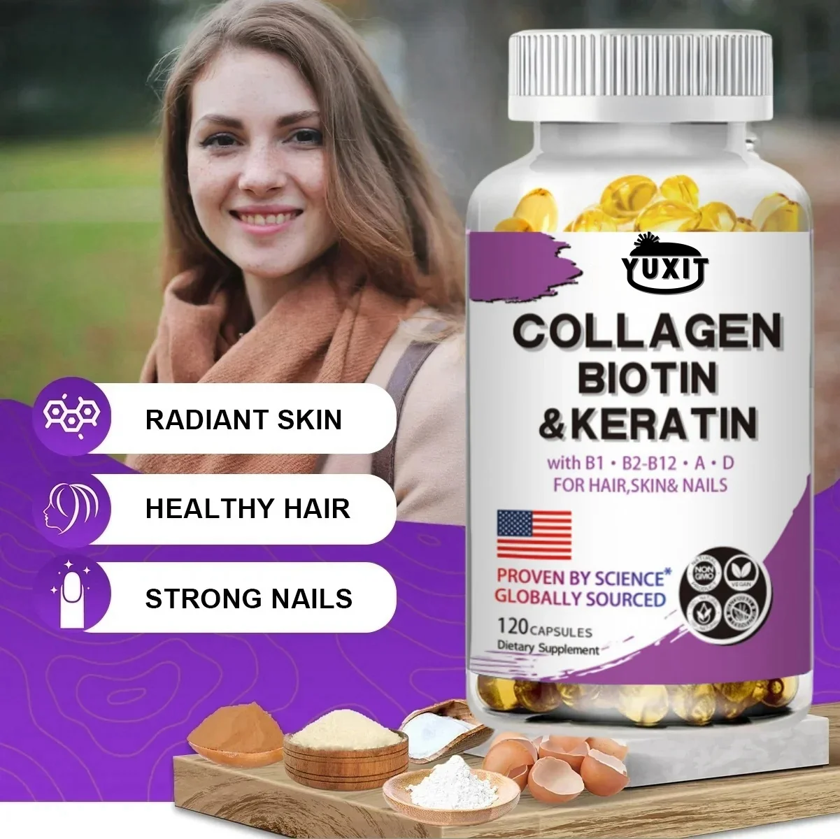 YUXIT Biotin Hyaluronsäure, Keratin – Haarwachstumsvitamin – Nägel und Haut, B1, B2, B6, B12 Komplexer Nahrungsergänzung für Männer und Frauen