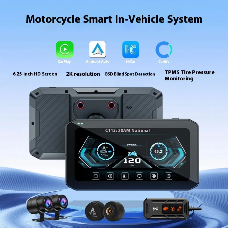 6.25 Inch 2K HD Night Vision Dual Lens Carplay Smart Car Machine New Condition Motorcycle Driving Recorder with Front Rear BSD