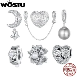 WOSTU-925 Sterling Silver Natural Pearl Pendant, Encantos Flor, Estrela, Lua, Retro Coração Beads, Cadeia de Segurança Fit, DIY Pulseira, Colar