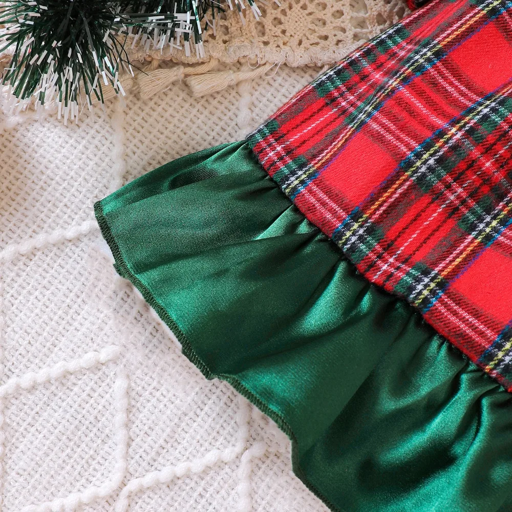 Kinder Weihnachtskleid mit Karomuster, Langarm, Rundhals, Rüschenrand, Schleife, Lässige Herbst-Winter-Kleidung für Kinder – Detail 5