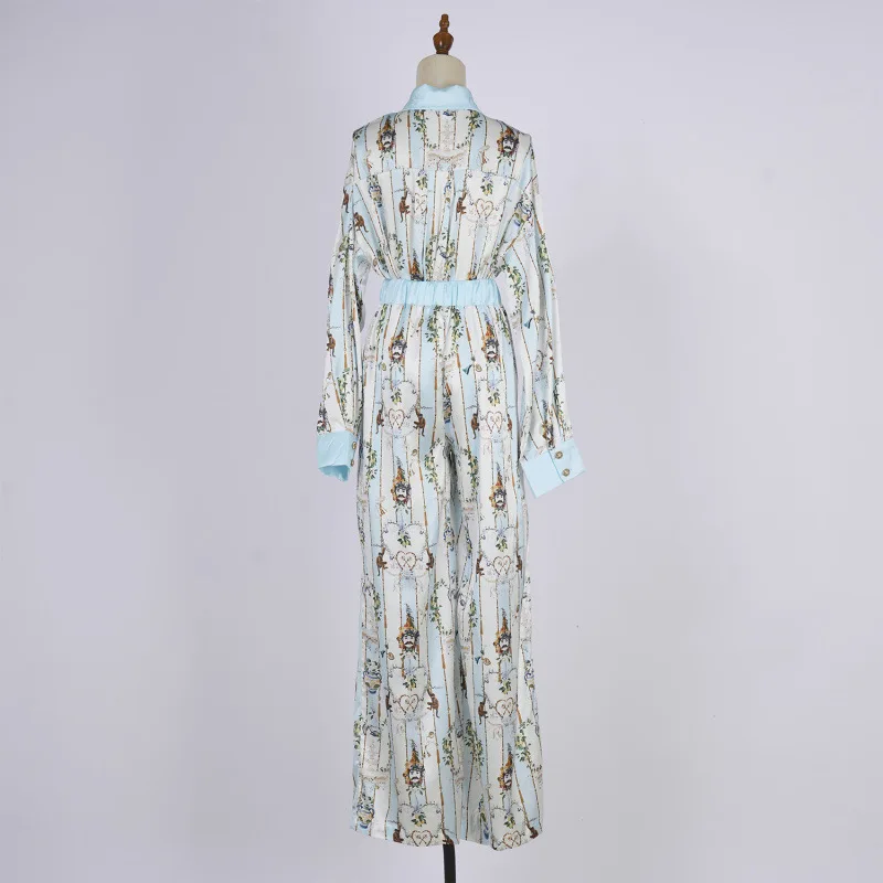 Faionable Loose Long Sve Printed Collar Set Women's Clothing Polyester Wide Leg Pants Gored Skirt Sle Casual Wear