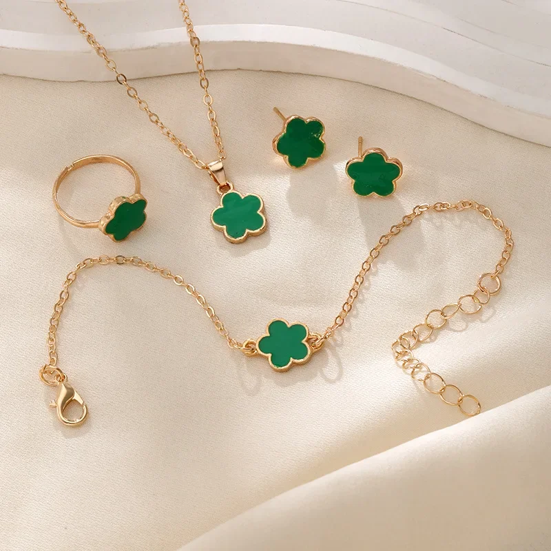Lucky Five-petal Flower Clover Earrings Necklace Ring Bracelet Four-piece set for Woman Fashionable Accessories Party Jewelry image 4