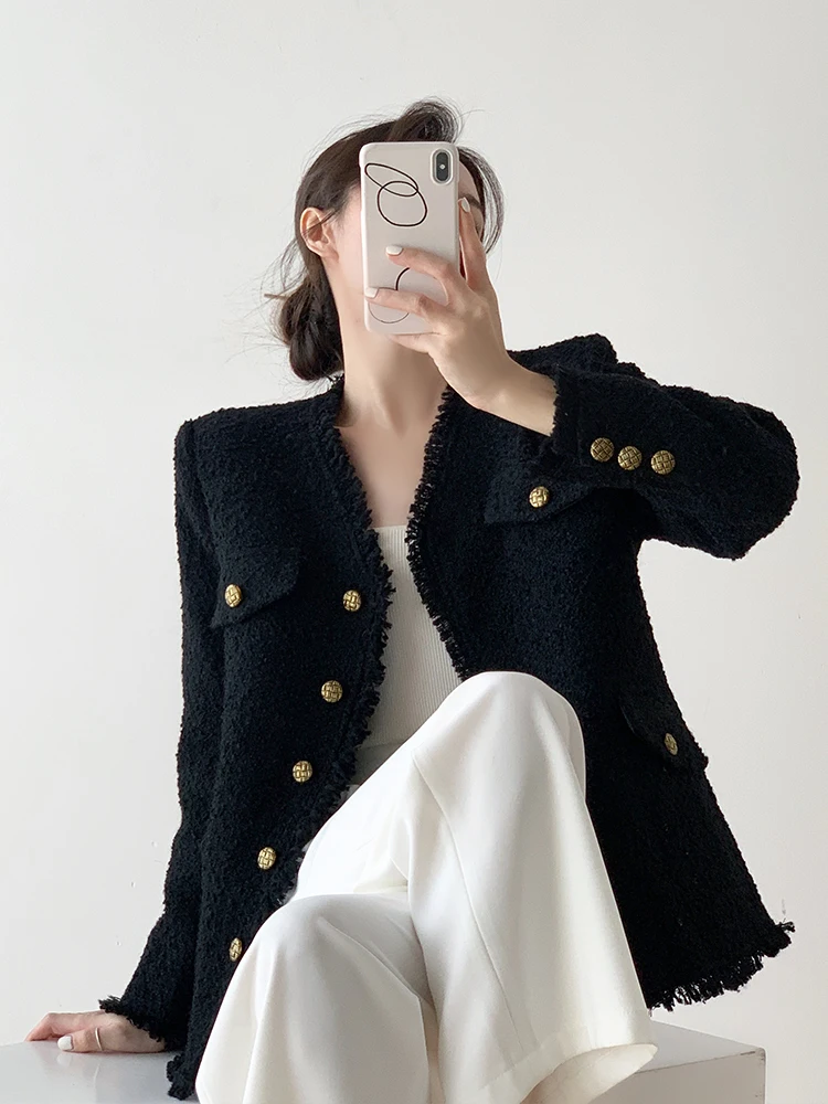 

Женское шерстяное пальто с бахромой Bla, повседневная осенне-зимняя верхняя одежда, V-Ne, длинное пальто на пуговицах све, прямое пальто