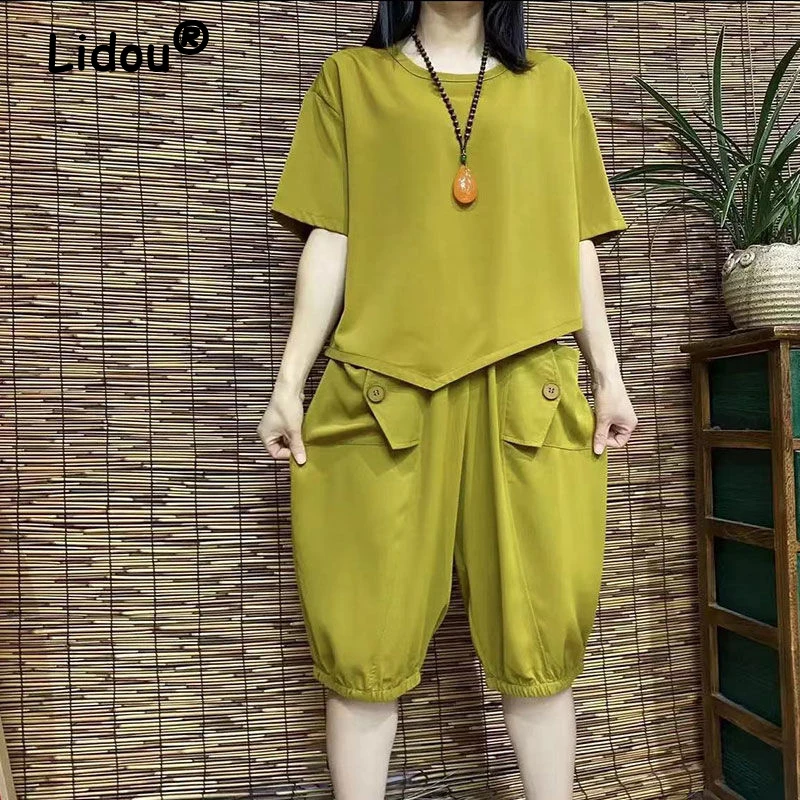 Two Piece Set for Women Summer Fashion Vintage Solid Short Sleeve Irregular Blouses Casual Loose Pockets Capri Pants Pantalones