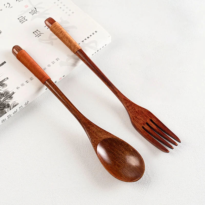 6Pcs Wooden Spoon Fork Japanese Style Dinnerware Set Portable Cutlery Long Wood Soup Spoon Dessert Fork Home Kitchen Tableware