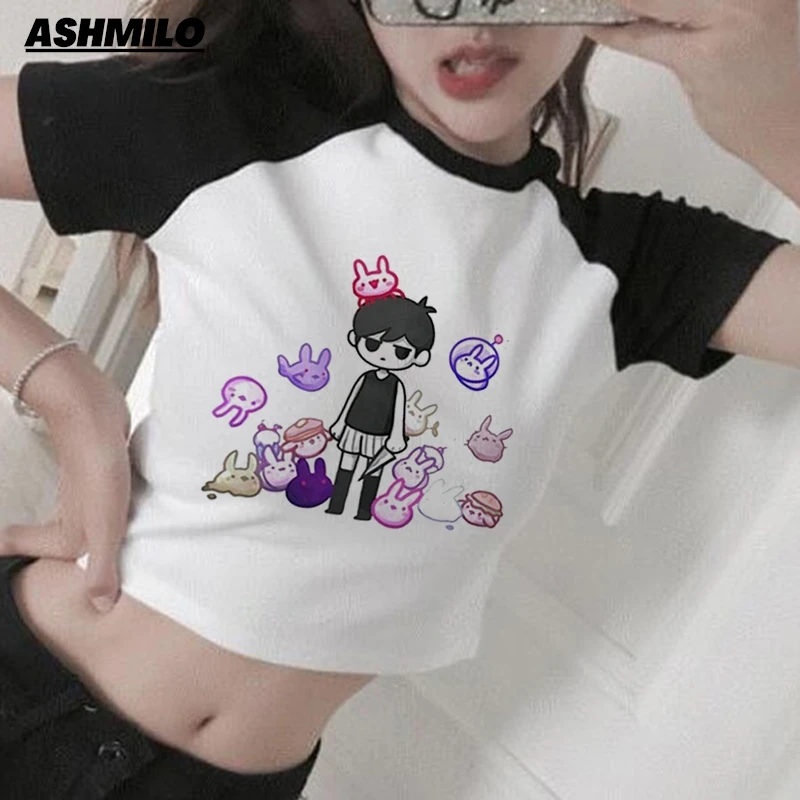 Maglietta Omori gioco stampa donna Harajuku estetica estate manica corta Crop top vestiti del fumetto coreano Harajuku giappone abbigliamento