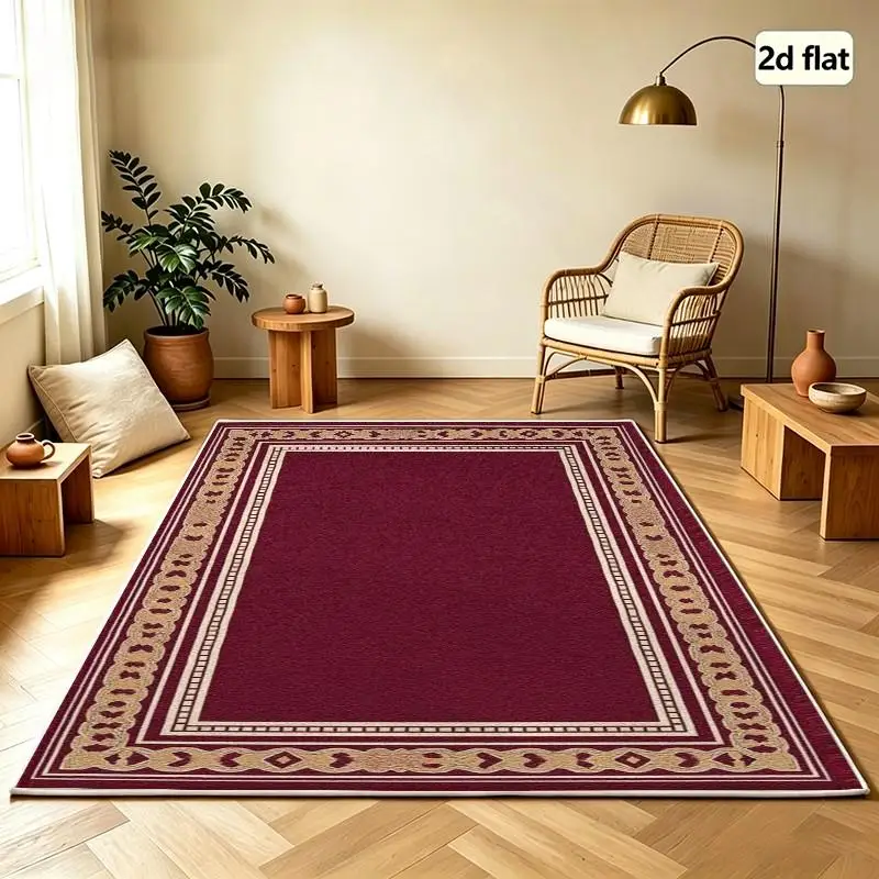 Carpet Flooring Burgundy Solid Center Square Area Rug Classic Geometric Border Floor Mat for Household Decor