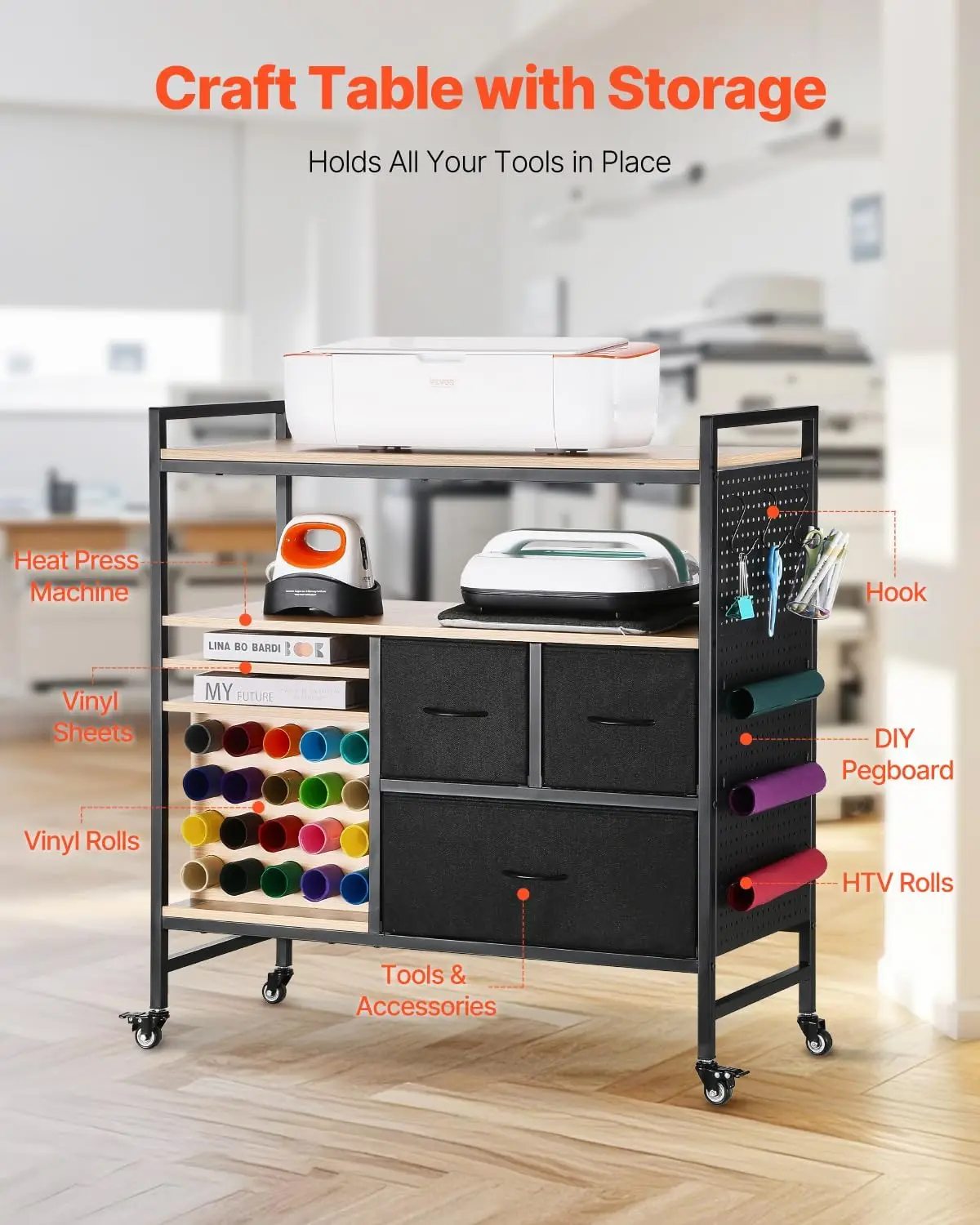 Rolling Craft Cart and Storage Table, Compatible with Cricut Machines, Crafting Table Organization Workstation, Craft Rolling St