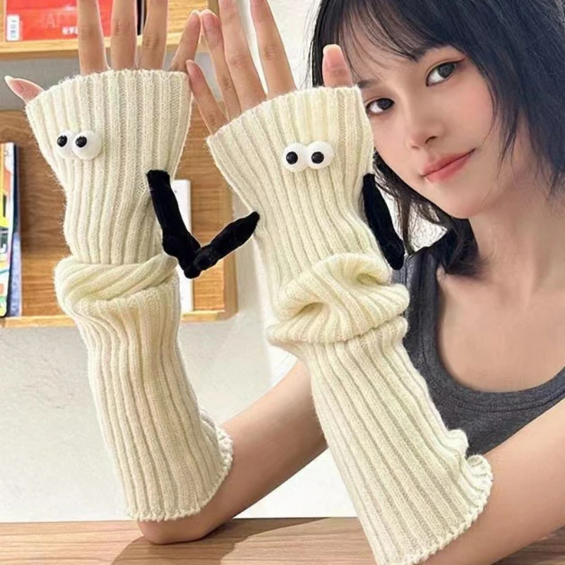 

Funny Magnetic Attraction Hand in Hand Glover Arm Leg Warmer Cartoon Eyes Couples Leg Cover Women Solid Color Knitted Stockings