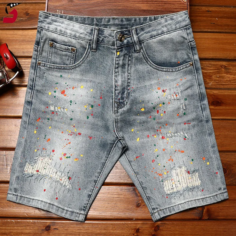 Paint broken hole design denim shorts men's summer2024new elastic slim-fit trendy fashionable youth fifth pants