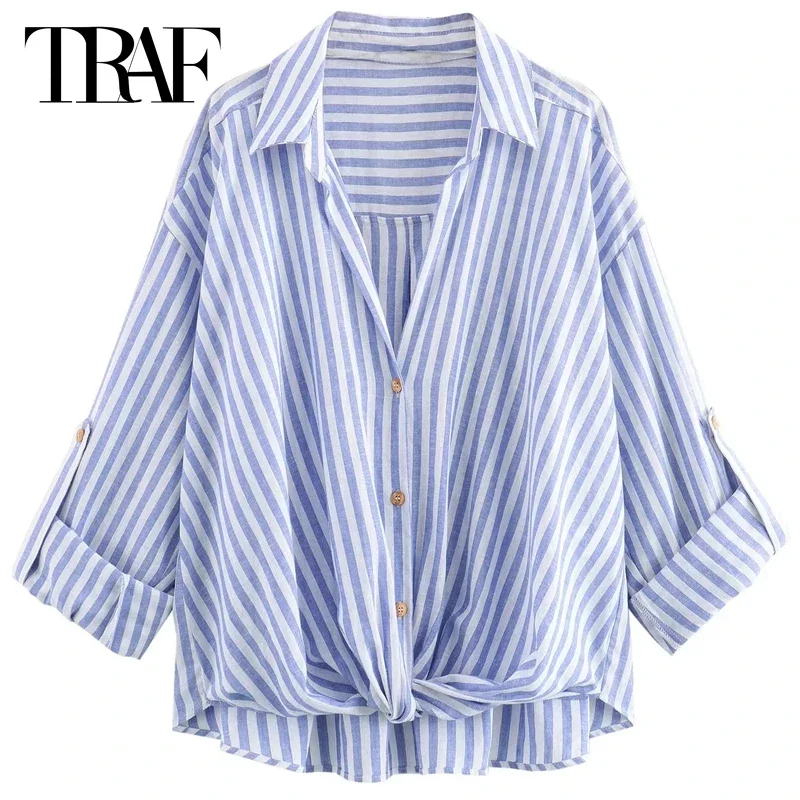 TRAF Women\'s Elegant Blouse Summer Striped Knot Shirts Lapel Collar Short Sleeve Tops Woman 2024 Casual Elegant Female Blouses