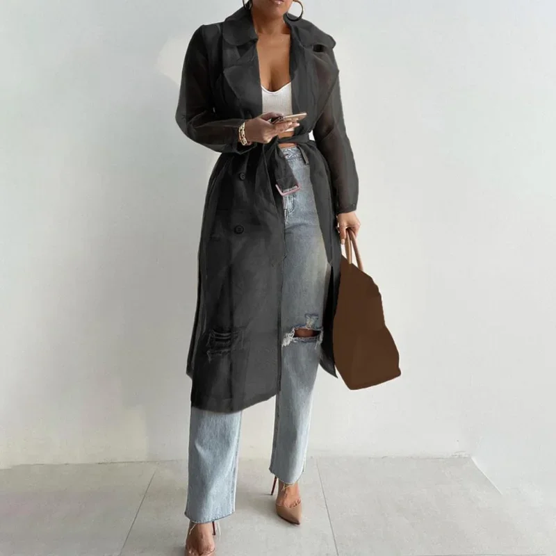 Elegant Shirts Trench Coat for Women Fashion See Through  Lace Up Spring Solid Sheer Mesh Long Sleeve Buttoned Coat with Belt