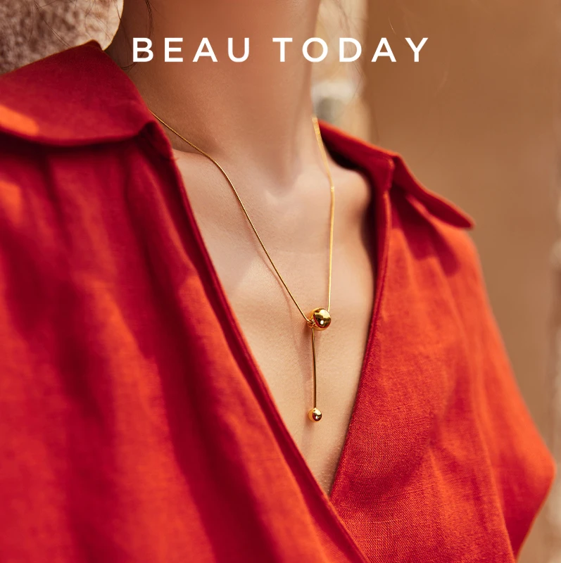 BEAUTODAY Fashion Simple Necklaces for Women Gold Beads Long Tassel Pull Design Clavicle Chains Ladies Jewelry Accessories 93038