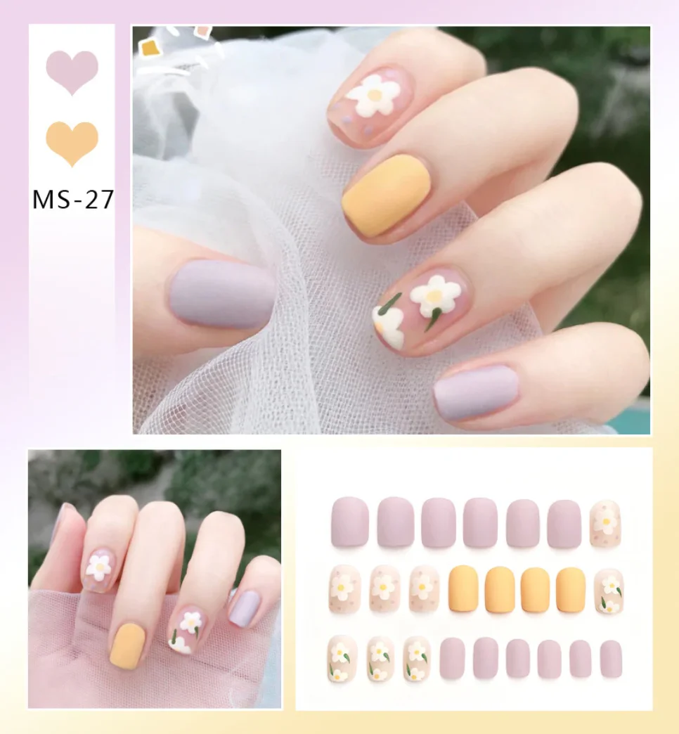 24 Stuks Kleine Verse Witte Bloemen Versierd Matte Draagbare Nep Nagels Geschikt Fee Meisje Zomer Pers Op Valse Nagels Kunst