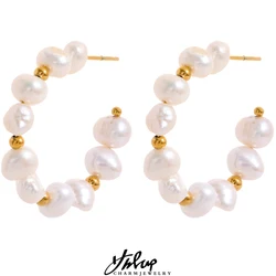 Yhpup Elegant Irregular Natural Pearls Beads Stainless Steel Fashion Hoop Earrings Charm 18k Gold Plated Fashion Jewelry Women