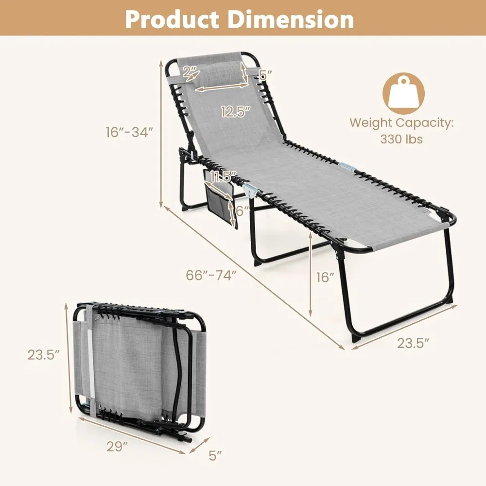 Sillones de patio para exterior: silla bronceadora plegable con reposacabezas, 4 posiciones ajustables, bolsillo lateral, chaise exterior