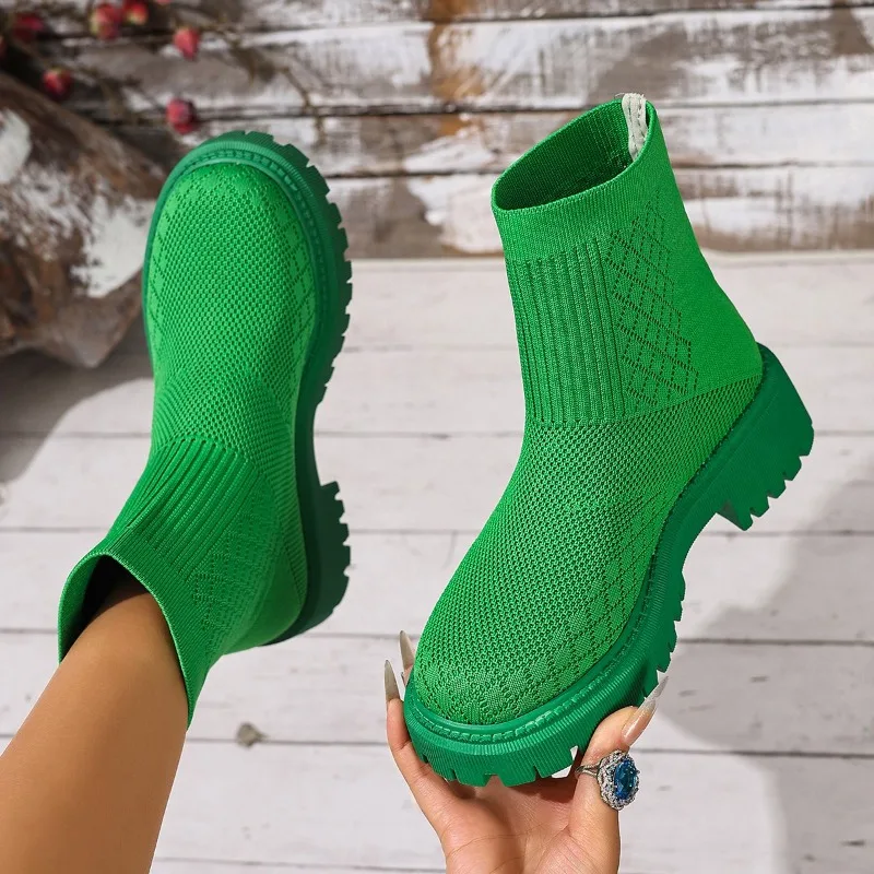 Plateau-Stiefeletten mit schmalen Ärmeln für Damen, 2025, Winter, neue Flyweave, atmungsaktiv, Übergröße, nackte Stiefel