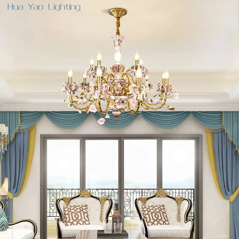 French Pastoral Rustic Ceramic Flower Brass Pendant Light Living Dinning Room European Vintage Copper Chandelier