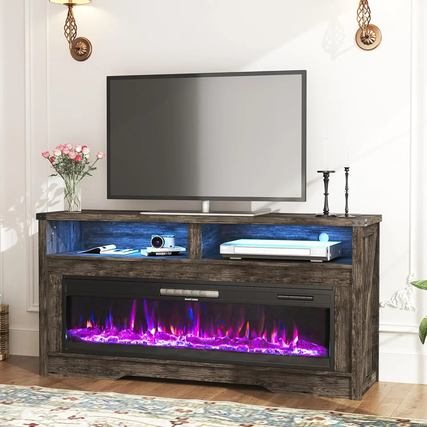 

Fireplace TV Stand, Multicolor Wood Texture 50" Electric Fireplace with Highlight Storage Cabinet, LED Light for TVs Up to 65"