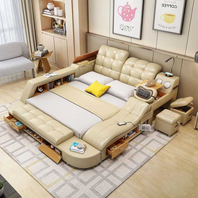 All In One Bed, Luxury Multifunctional Tech Smart Genuine Leather Bed, Tatami Ultimate Bed, Spacious King Size Bedroom Furniture