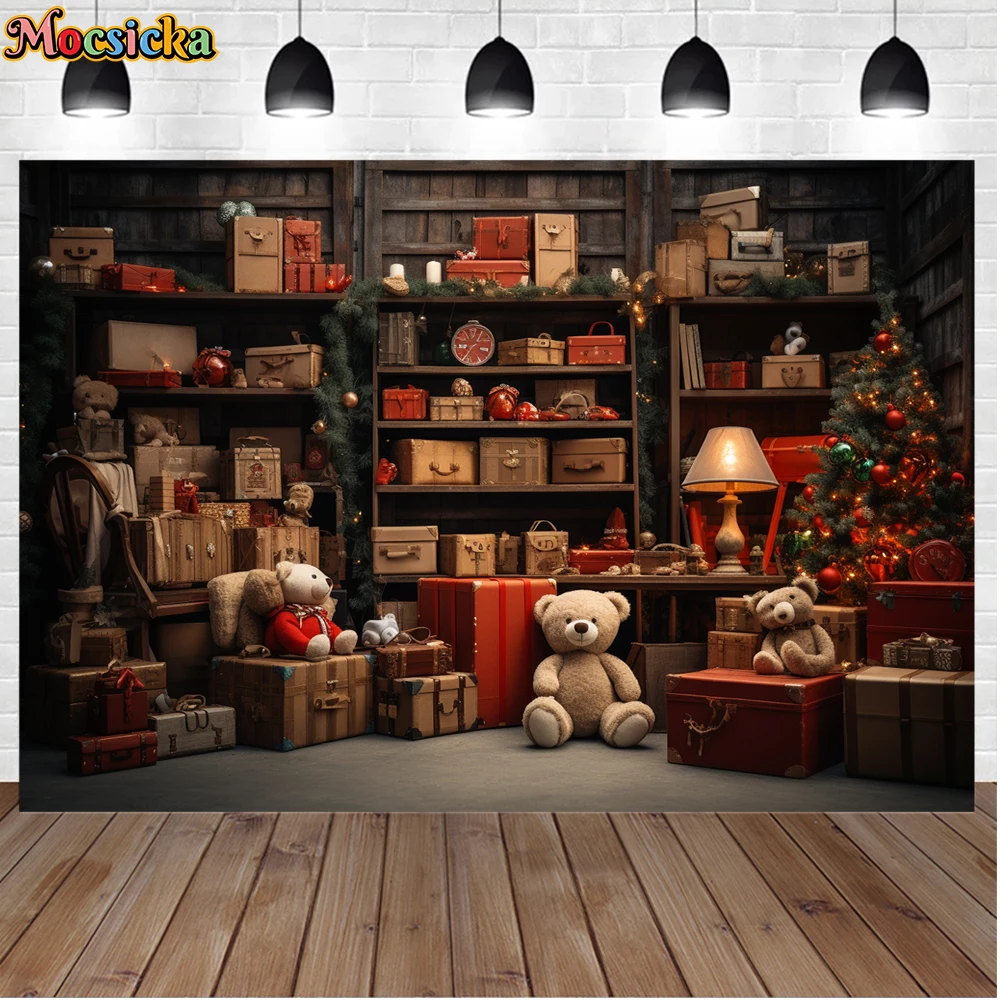 Mocsicka-Fond de photographie de Noël d'hiver, mur de fond, arbre de Noël, ours, fête de vacances, famille, enfants, studio photo, cadeau