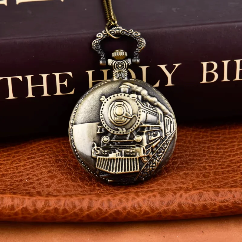 Large bronze locomotive quartz pocket watch Sweater chain Nostalgic pocket watch clamshell alloy watch