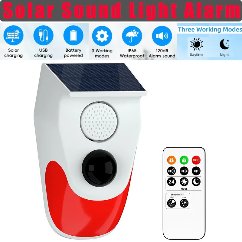 Solar Sound Light Alarm Wireless PIR Motion Sensor, Outdoor Battery 120dB Siren Sound Alert Flash Strobe Security Alarm System