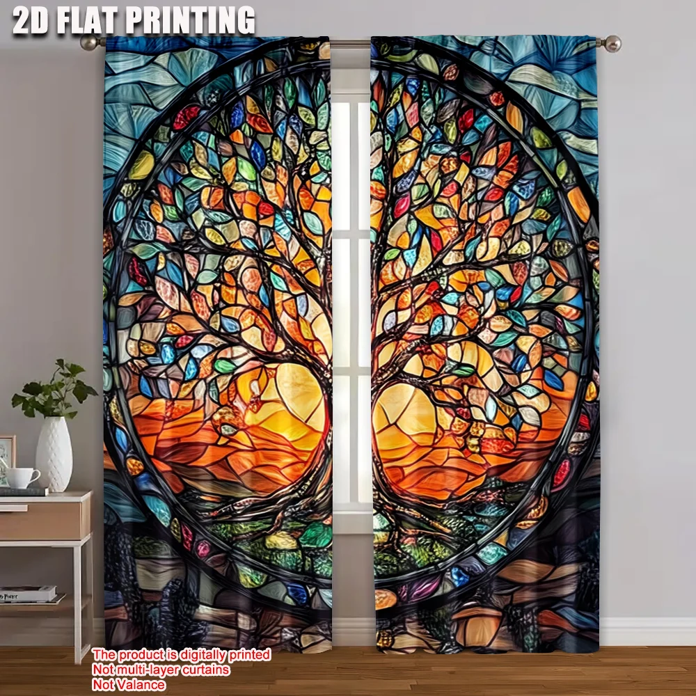 2 Stück 2D-Flachdruck-Vorhang, Buntglas, Baumleben, Polyester, ohne Strom, festliche Wanddekoration für Zuhause und Party