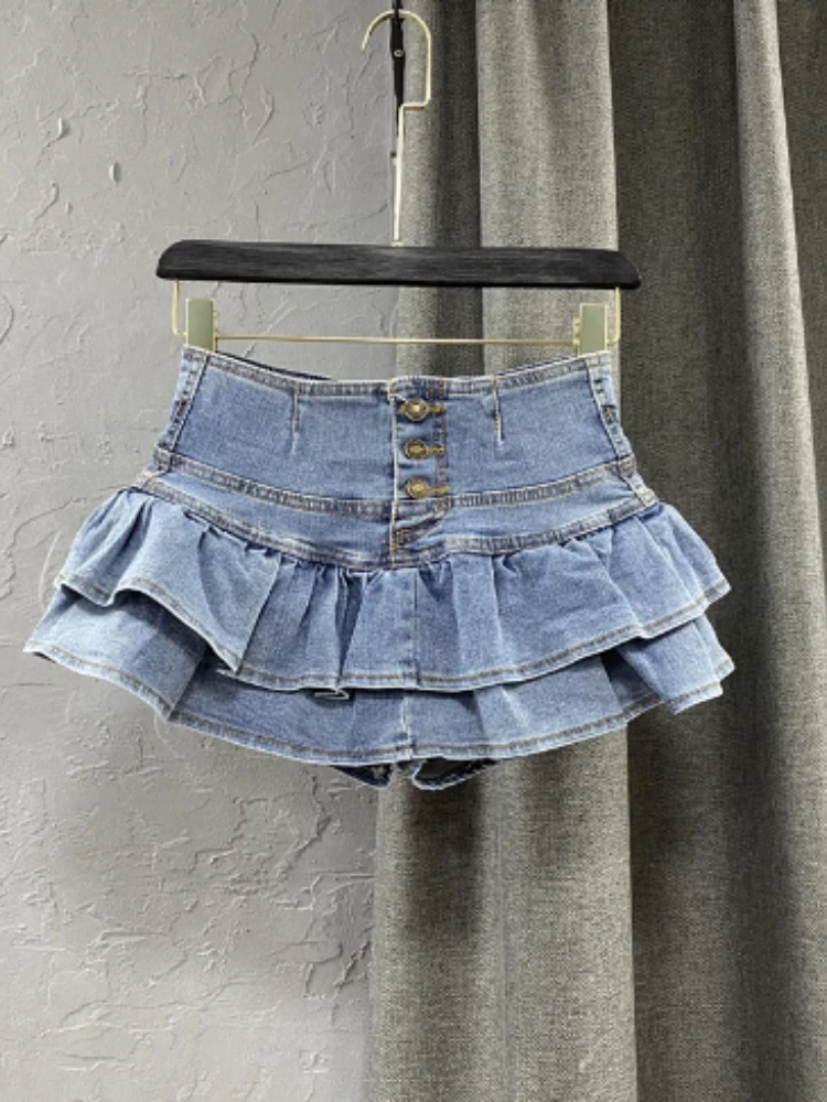 Jupe en jean taille haute à simple boutonnage pour femme, jupe en jean à volants, coupe étudiante, printemps, été, nouveau, 2023