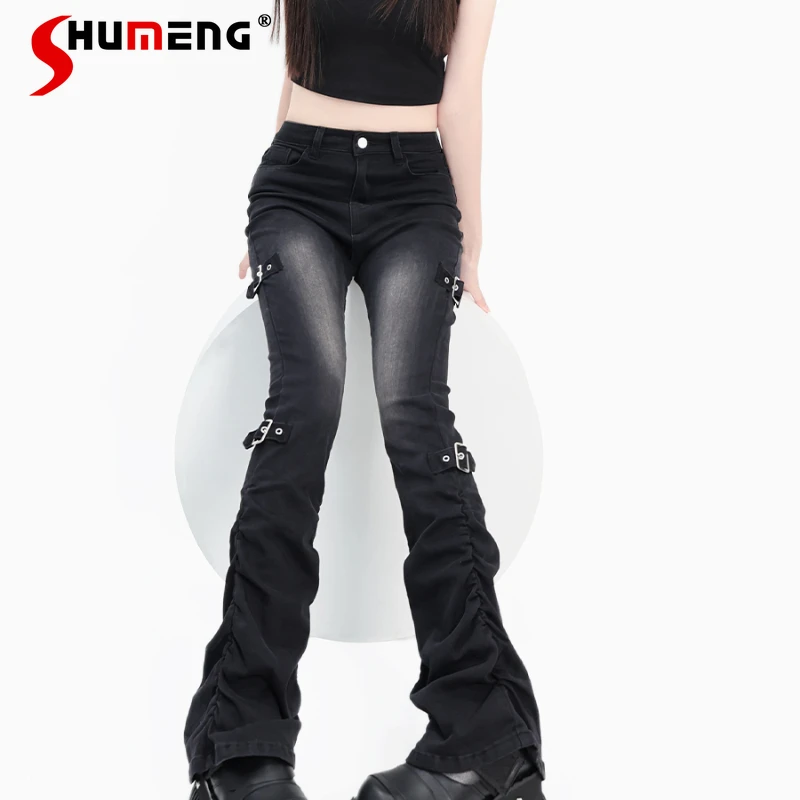 

2023 Autumn And Winter New Elastic Long Trousers Slightly Flared Raw Edge Mop Cotton Denim Y2k Dark Style Pants Women's Clothing