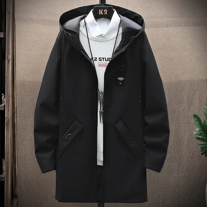 New Mens Hooded Jacket Solid Color Zip Up Medium Strength Casual Loose Fashionable High Quality Soft and Comfortable Trench Coat