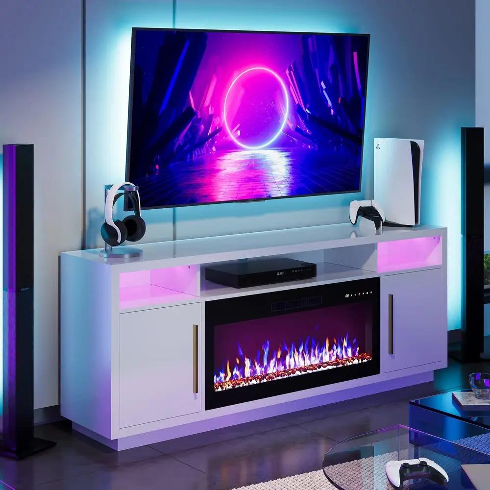 

70 Fireplace TV Stand for TVs Up to 80, LED Light Entertainment Center with 36 Electric Fireplace Heater, Storage Cabinet, Medi
