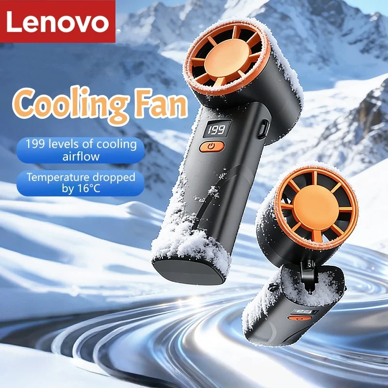 Lenovo Portable Neck Fan USB Rechargeable, Handheld Fan with Digital Display, Strong Wind Long Battery Life Foldable Cooling Fan