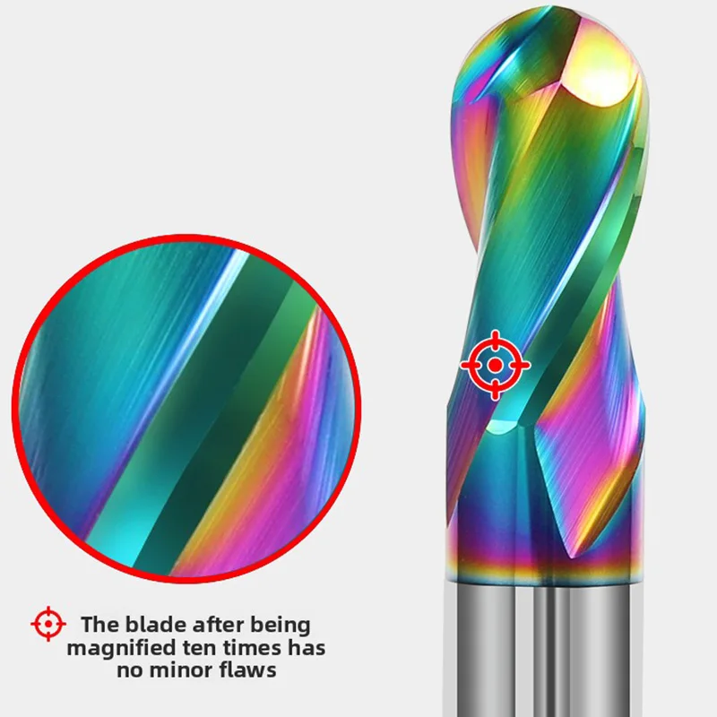 65° Extended Length Ball Nose End Mill - Rainbow Alloy Coated 2-Flute CNC Spherical Milling Cutter