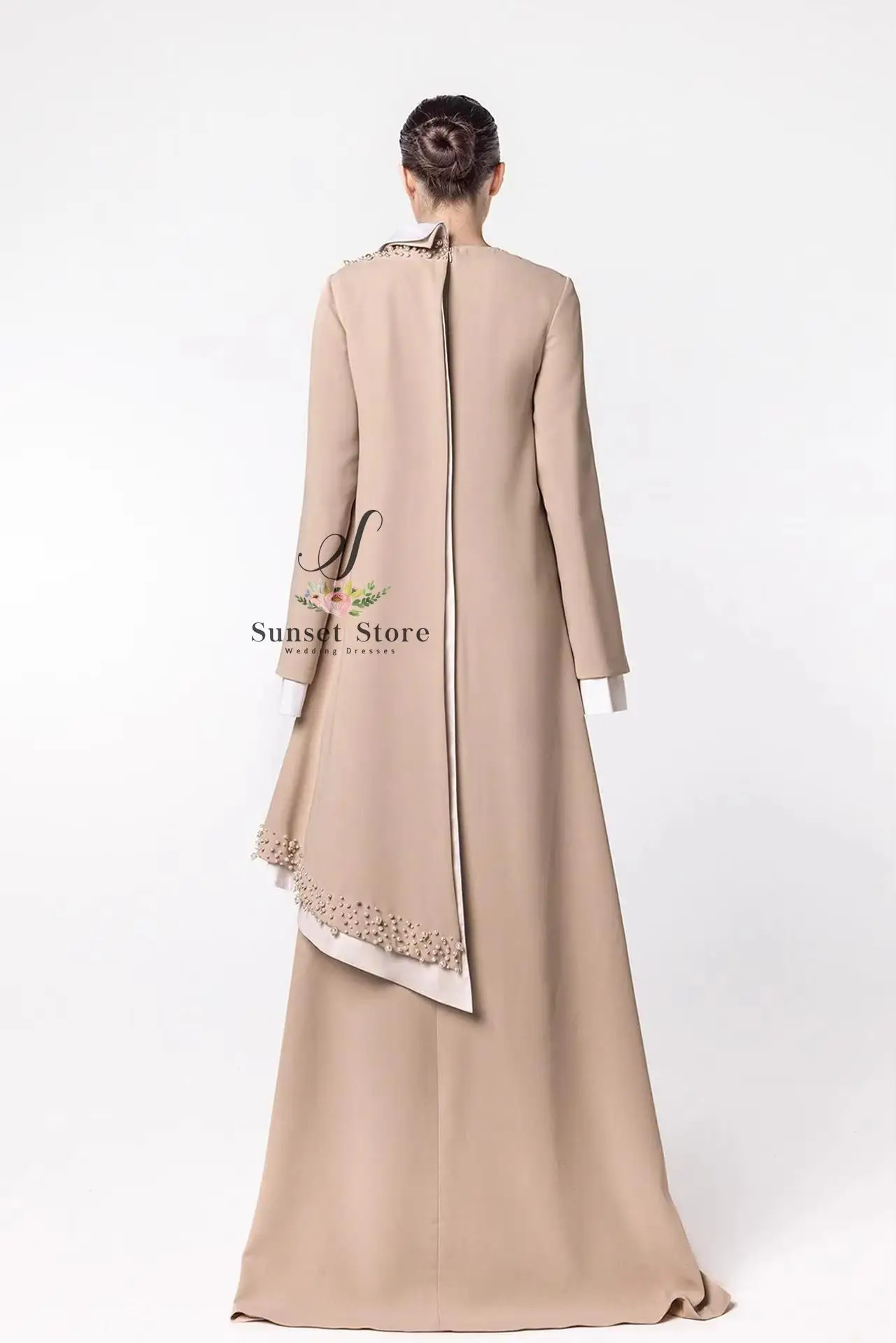 Customized   Modest Long Sleeve Kaftan Evening Dress Abaya Dress with White Trim Beaded A Line Asymmetrical Layered Muslim Dress