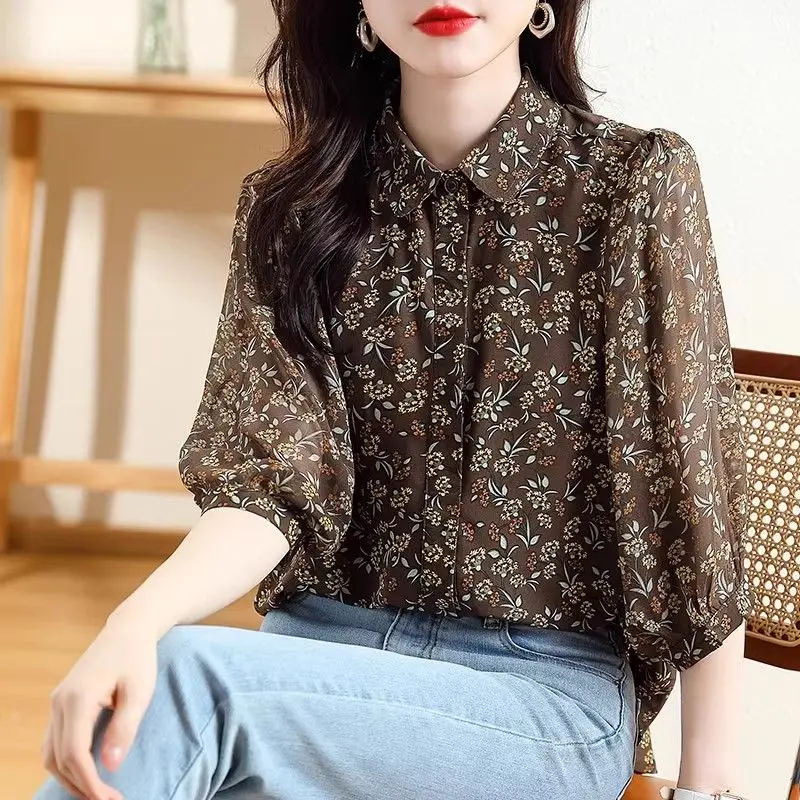 Women\'s Vintage Floral Print Button Shirt Spring Summer Fashion Turn Down Collar 3/4 Sleeve Blouse Chic Loose Casual Tops Blusas