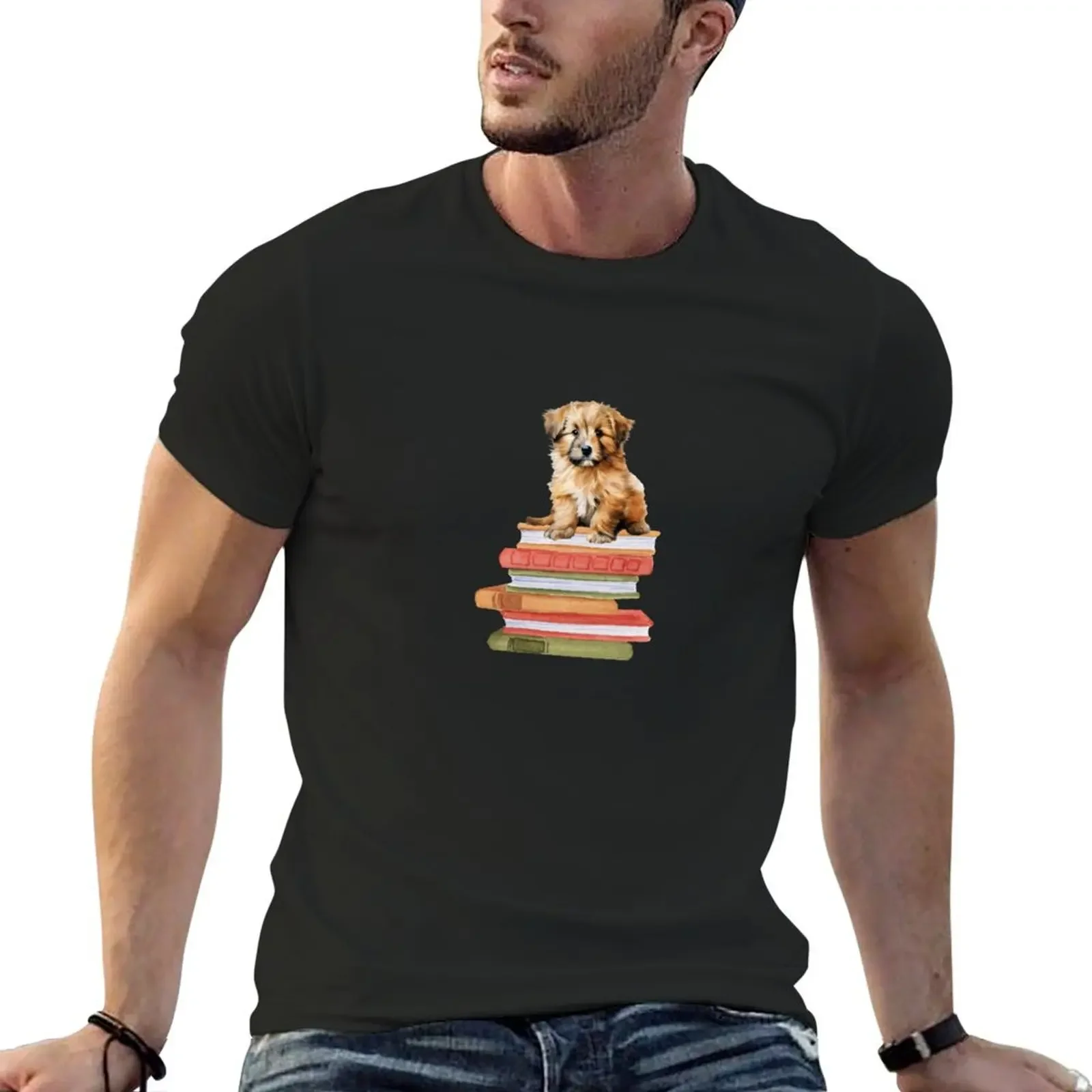 

Catalan Sheepdog Puppy And Books T-Shirt korean fashion shirts graphic tee hippie clothes sweat plus size men clothing