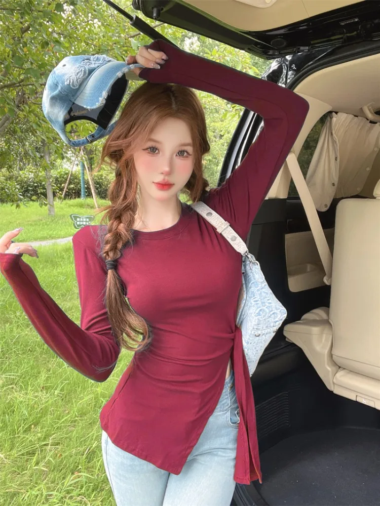 

Korean Style Long Sleeve Pure Color T-Shirt Women's Autumn New Style Sexy Asymmetrical Slimming Base Shirt Top