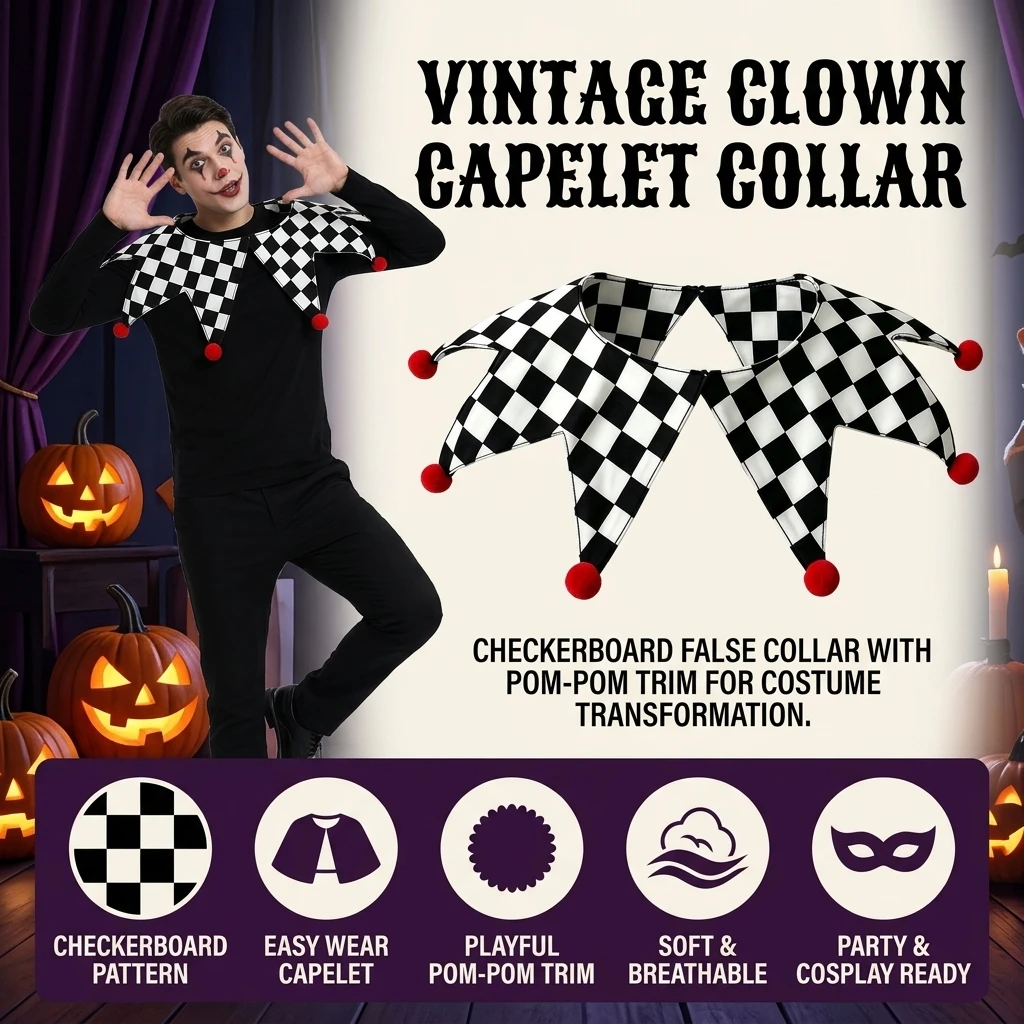 False Collar Capelet Pom Pom Trim Clown Collar for Halloween Party Retro Checkerboard Ruffle Shawl Cosplay Costume Accessory