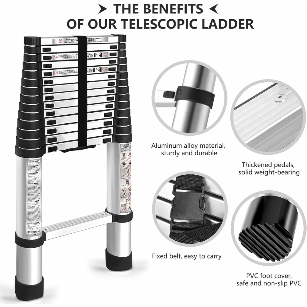 Escalera telescópica de aluminio de 14,5 pies-4,4 M, escalera de extensión plegable portátil retráctil de un botón para uso en interiores y exteriores