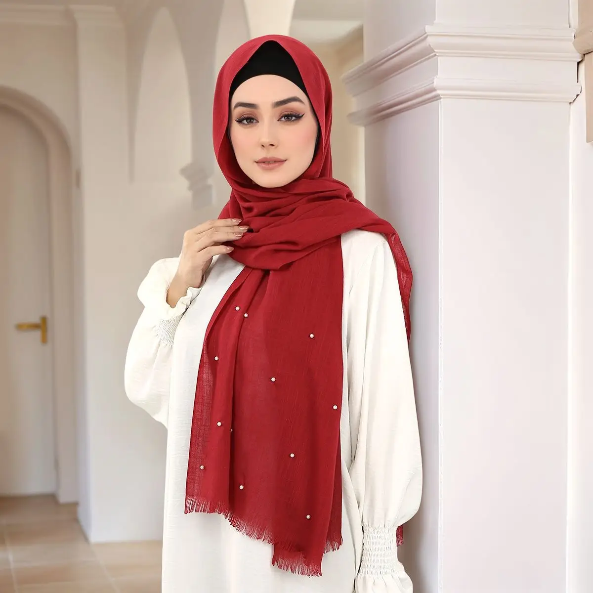 

Новый однотонный жемчужный женский длинный шарф, Дубайский платок, мусульманский хиджаб, шали с бахромой, тюрбан, исламские банданы, повязка на голову Bufanda