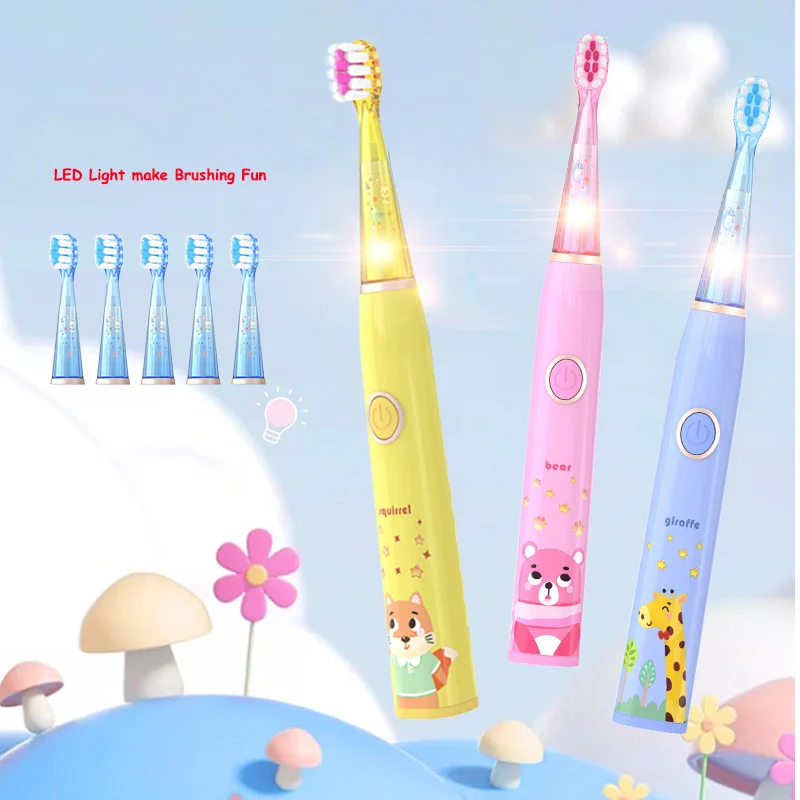 Kids Sonic Electric Toothbrush Cartoon with Colorful LED Light IPX7 Waterproof Deep Clean Teeth Care Rechargeable Toothbrush